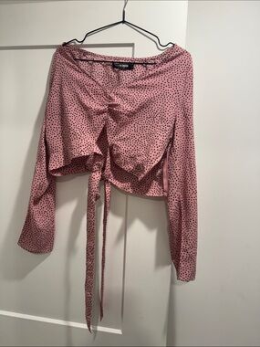 Fashion Union Pink Black Polka Dot Cropped Tie-Front Top